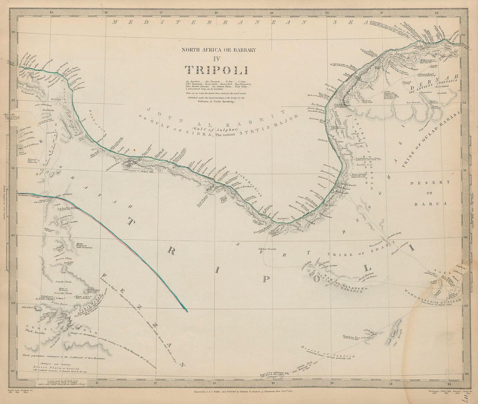 NORTH AFRICA or BARBARY. Tripoli. Libya Gulf of Sidra Sirte Fezzan SDUK 1844 map